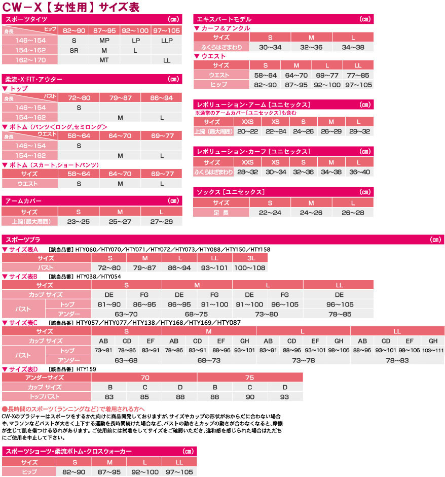 CW-X女性用サイズチャート