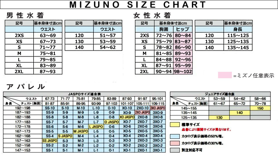 MIZUNO サイズチャート